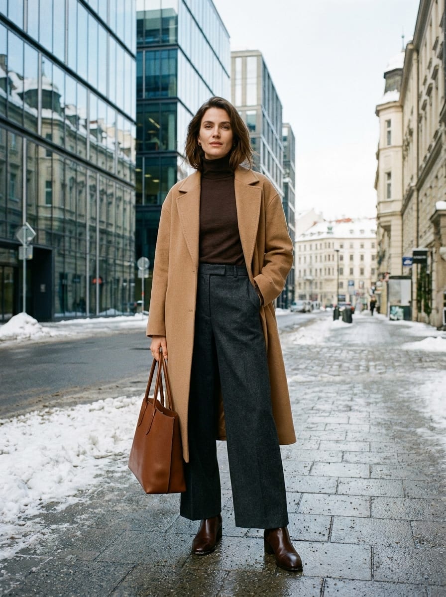 Elegantes Büro-Outfit mit langer Hose und Mantel - Winter Outfit Damen 2026